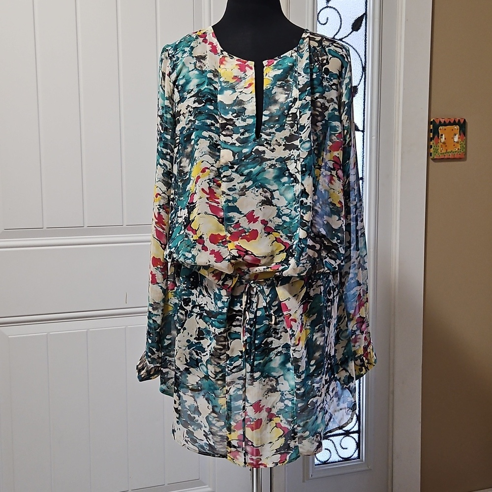 Rubby Ducky Productions Sheer Abstract Print Tunic Coverup Mini Dress M